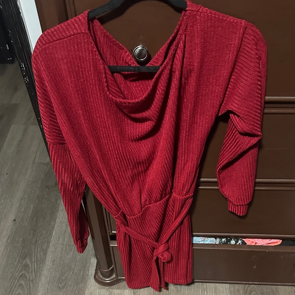 SHEIN Red Ribbed Drape Neck Long Sleeve Dress with Waist Tie